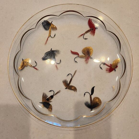 Meth hand painted fishing fly glass platter